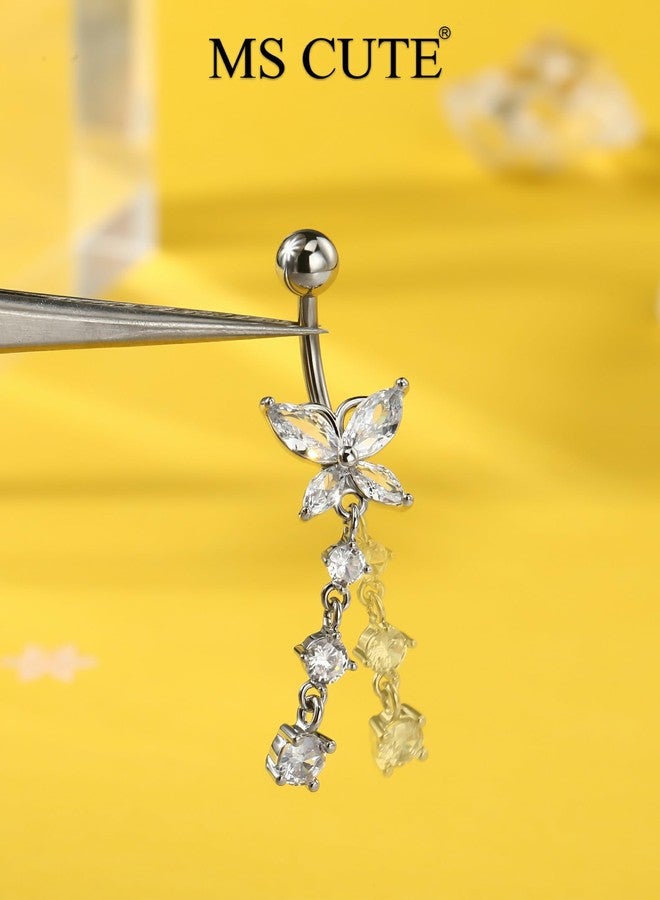 MS CUTE 5PCS Silver Belly Button Rings for Women 14G Dangle Navel Piercing Jewelry Set Surgical Stainless Steel Body Jewelry with CZ Butterfly Flower Teardrop Barbell for Beach Festival Gym - Image 4